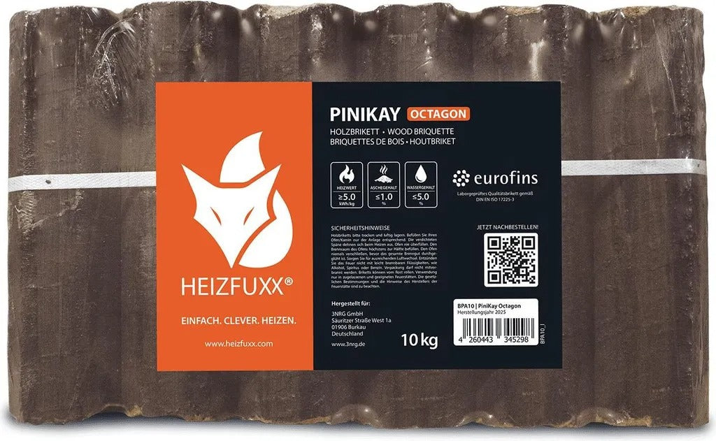 Heizfuxx PiniKay Octagon Hartholzbriketts – 960 kg Palette (96 x 10 kg)