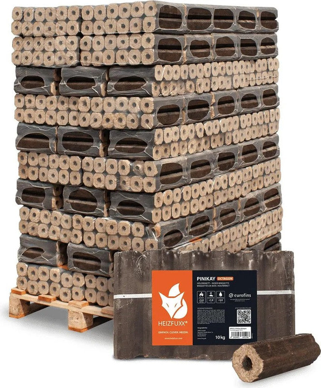 Heizfuxx PiniKay Octagon Hartholzbriketts – 960 kg Palette (96 x 10 kg)