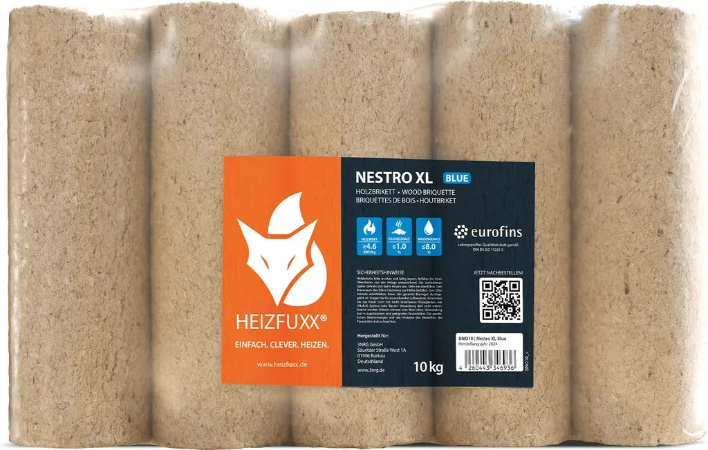 Heizfuxx Nestro XL Blue Weichholzbriketts – 960 kg Palette (96 x 10 kg)